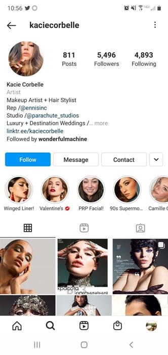 Screenshot of makeup artist, Kacie Corbelle's Instagram.