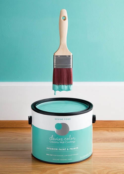 Photo of a paint brush and a bucket of Devine Color Creamy Wall Coatings taken by Philadelphia-based product photographer Daniel Jackson. 