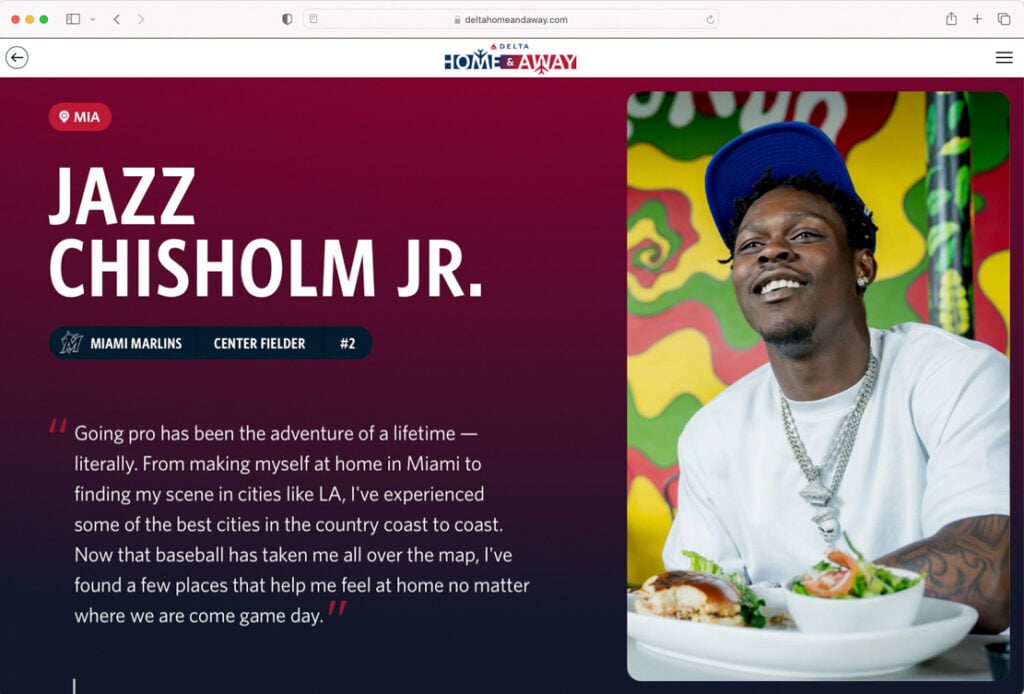 A screen shot of a photo of Jazz Chisolm Jr. by Inti St. Clair on the Delta Home and Away website.