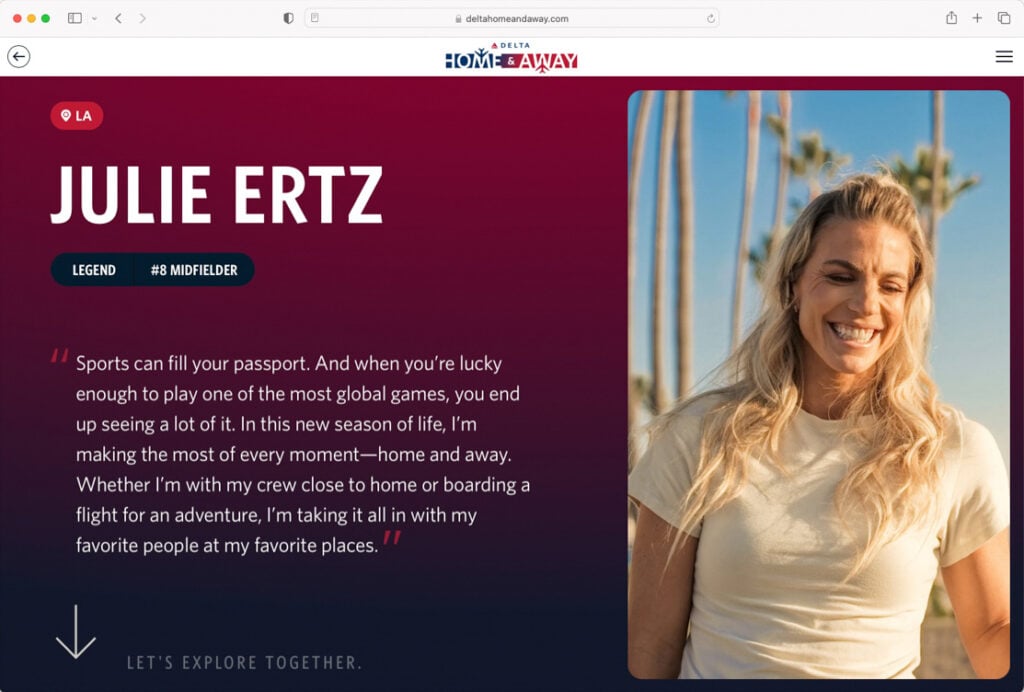 A screen shot of a photo of Julie Ertz by Inti St. Clair on the Delta Home and Away website.