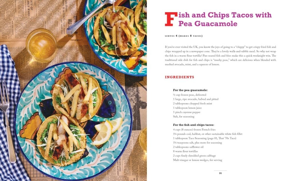 Tearsheet of Ivy Manning's recipe Fish and Chips Tacos with Pea Guacamole from her cookbook, "Tacos A to Z: A Delicious Guide to Nontraditional Tacos," shot by Dina Ávila.