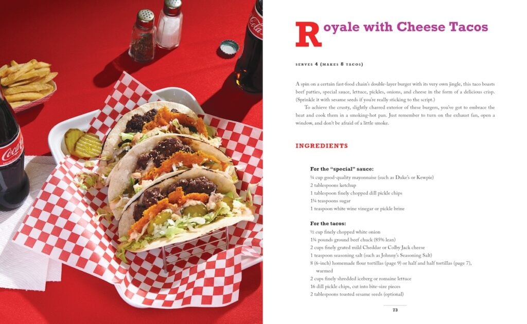 Tearsheet of Ivy Manning's recipe Royale with Cheese Tacos from her cookbook, "Tacos A to Z: A Delicious Guide to Nontraditional Tacos," shot by Dina Ávila.