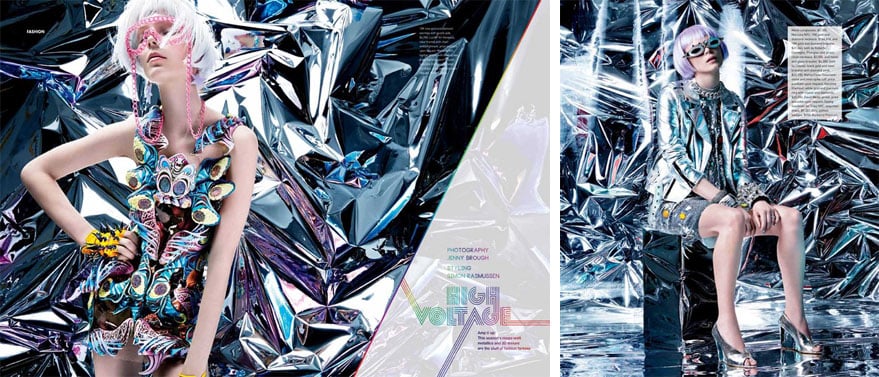 Tearsheet of models posing in front of an abstract foil background designed by Donnie Myers.