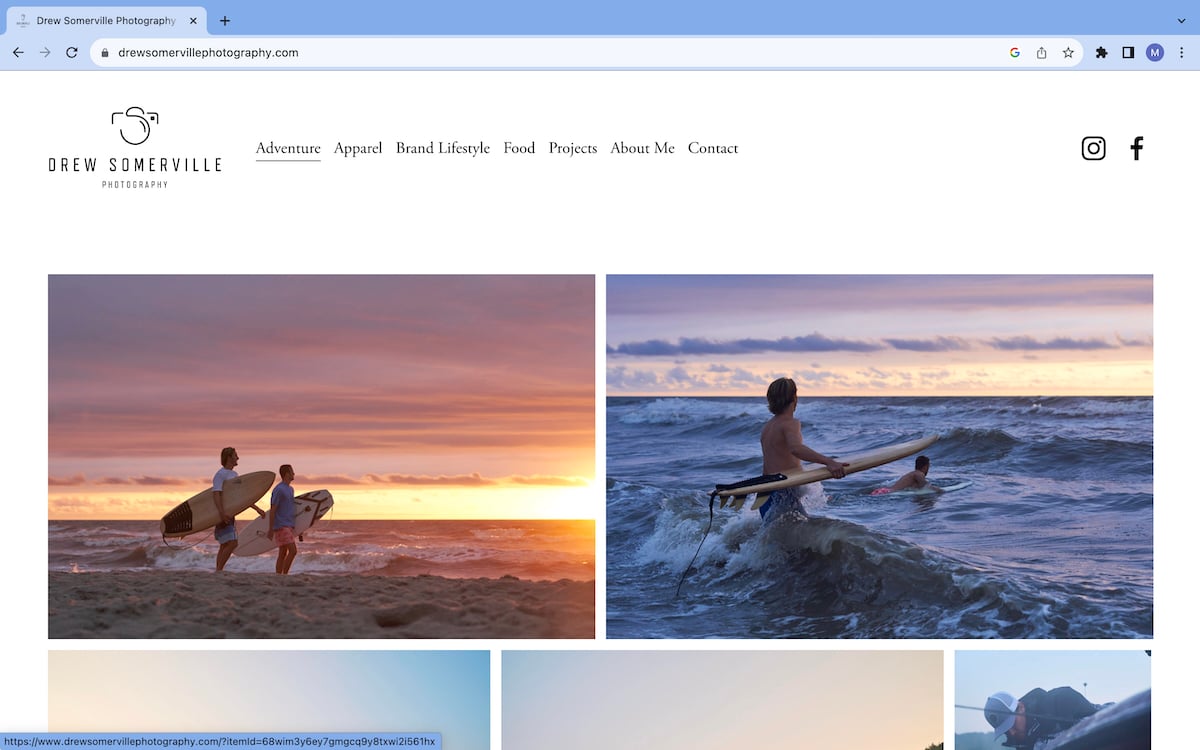 Drew Somerville's website, depicting the first gallery, Adventure, showing photos of people at the beach with surfboards.