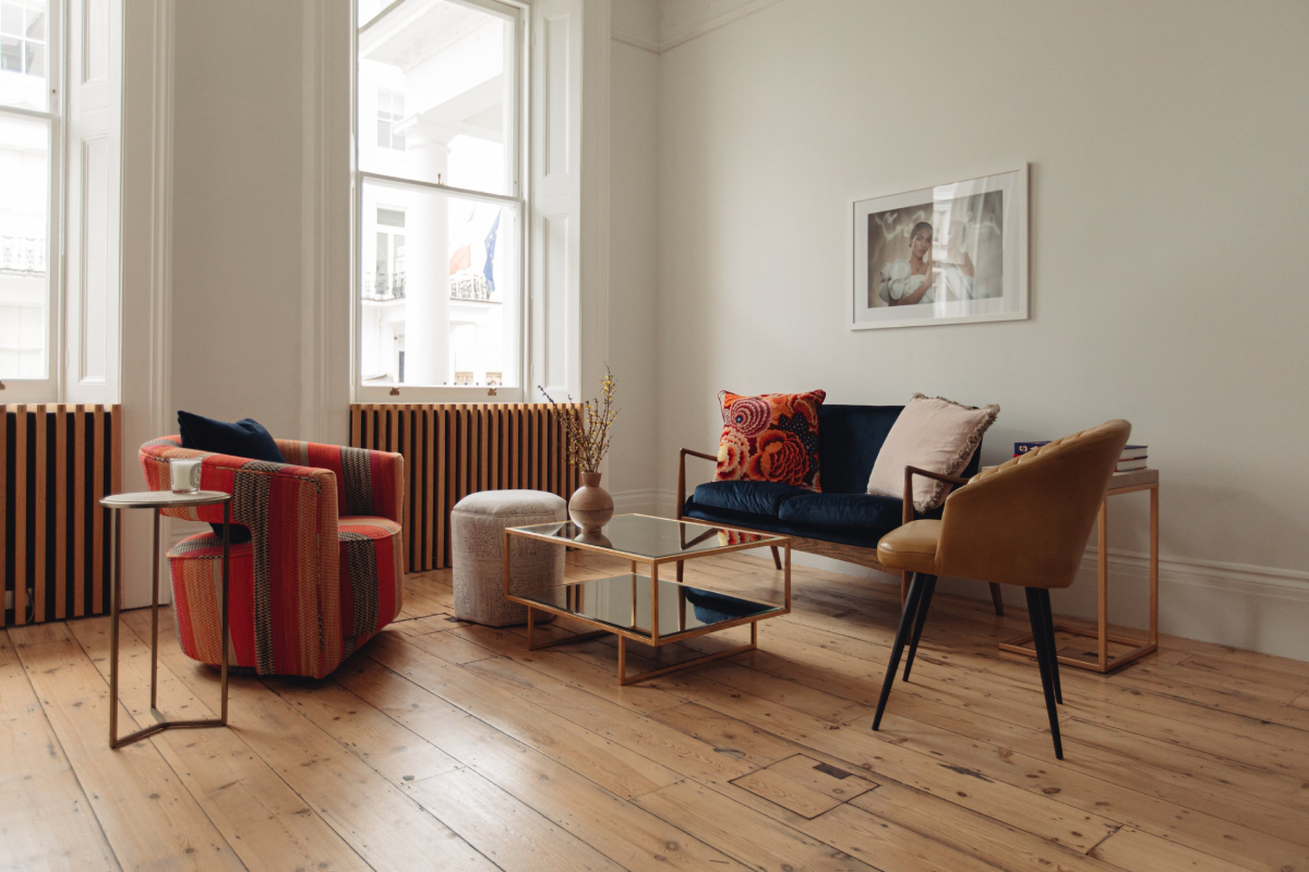 A color photo by Interiors photographer Dunja Opalko of the living room of an apartment.