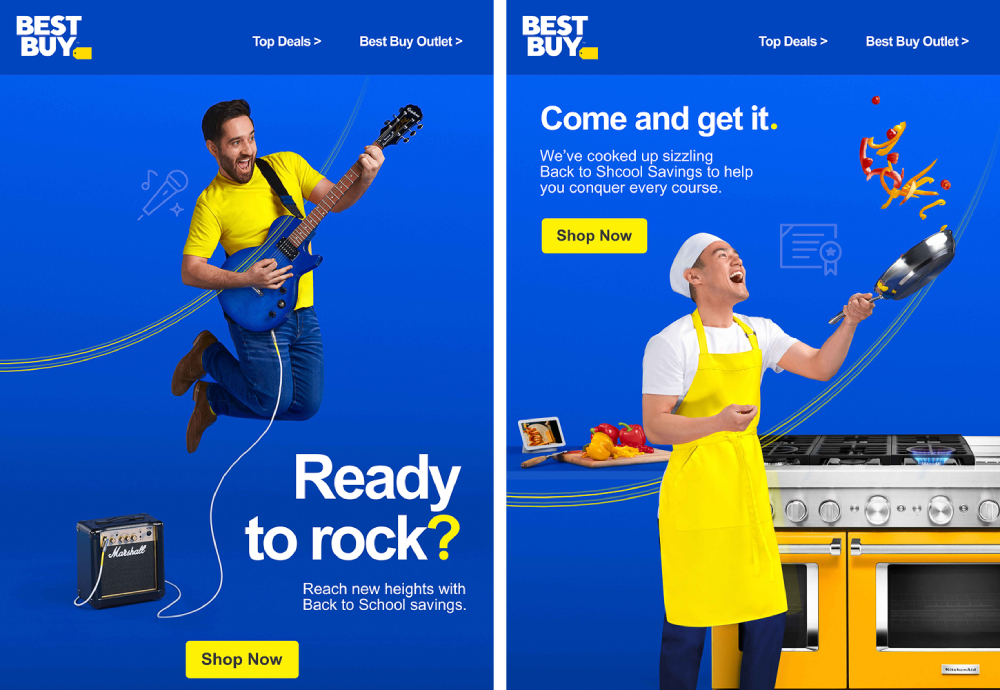 Photos of a man jumping in the air while playing an electric guitar and another man tossing stir-fried vegetables into the air on Best Buy Canada's website. 