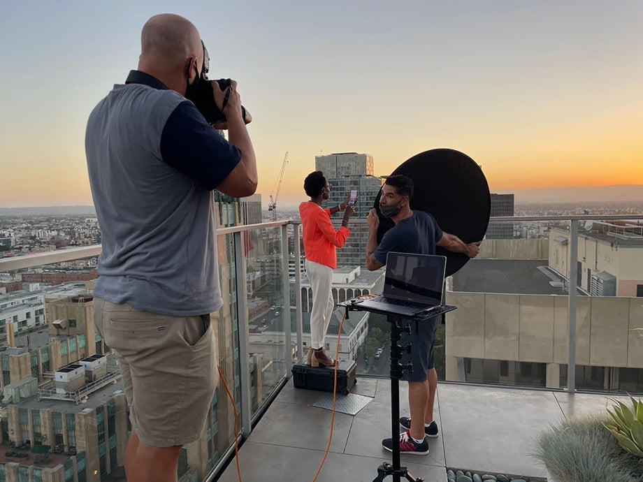 BTS of Erik Isakson on rooftop shooting for Samsung.