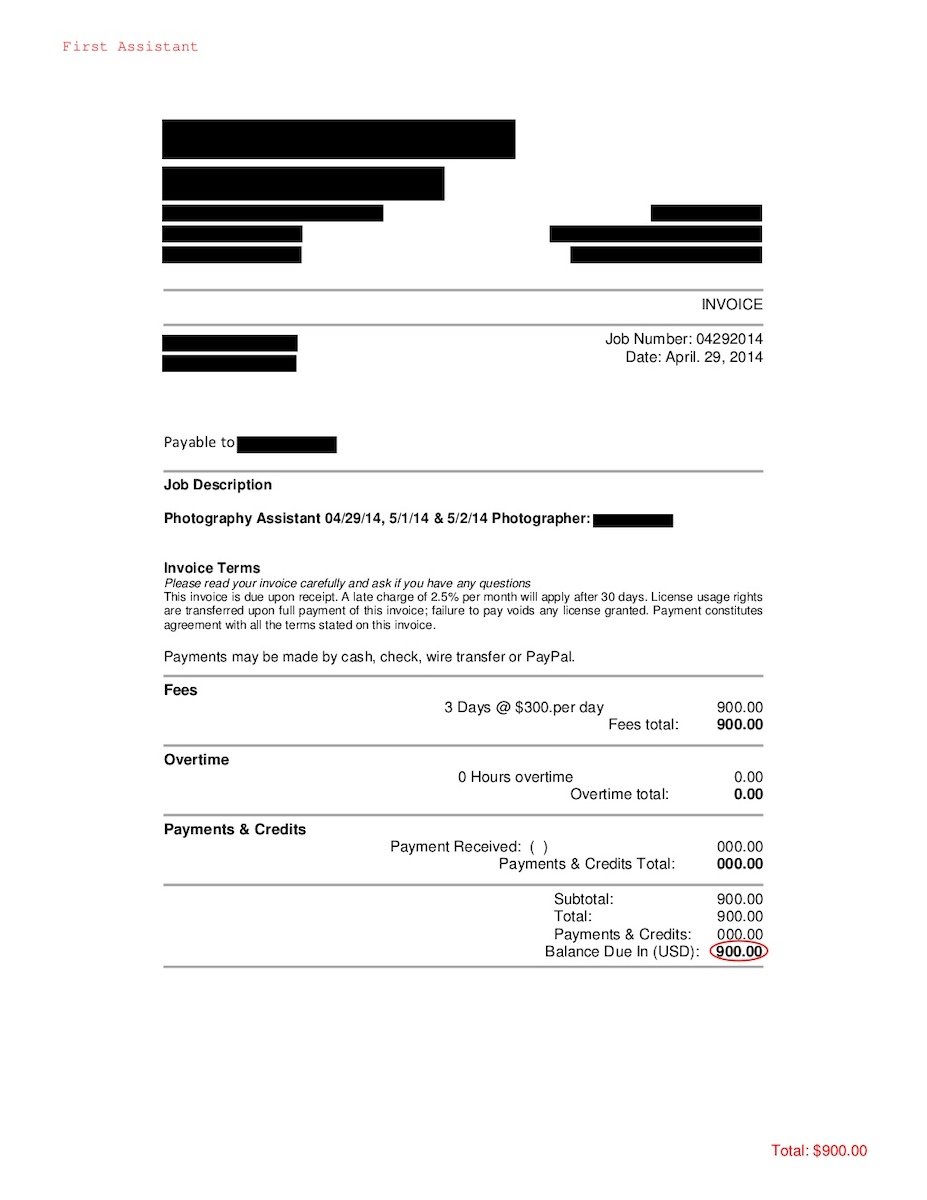 A photography assistant's redacted invoice for a client