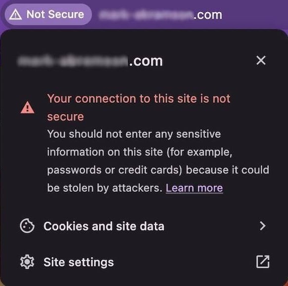 Pop-up for HTTP website displaying security warning.