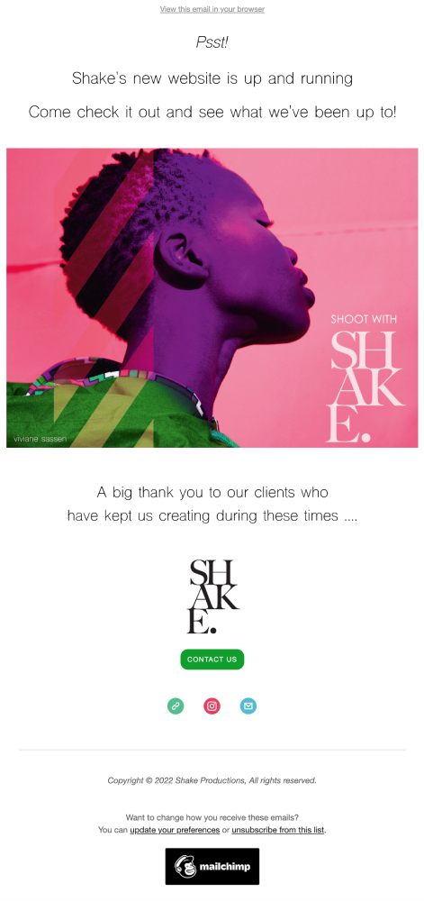 An example of an emailer design of an announcement email from Shake productions. 
