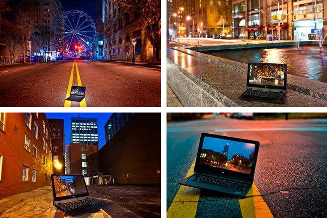Images of a Lenovo laptop in the street, at night, in front of a ferris wheel (top left), by a fountain (top right) and close-ups (bottom two)