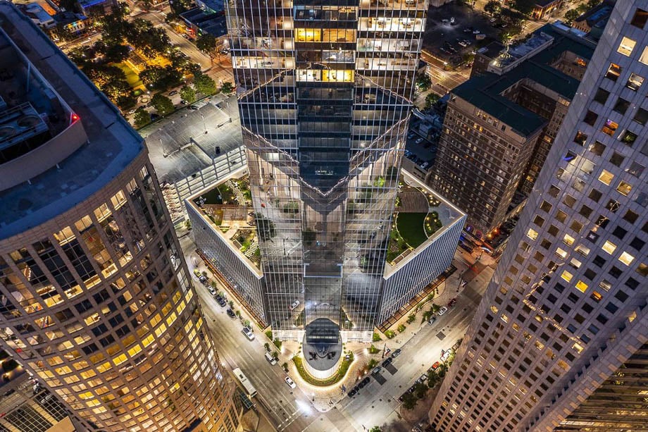 Aerial photo of three skyscrapers taken by Houston-based architecture photographer team G. Lyon Photography. 