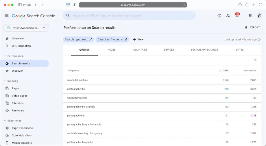 Queries screen in Google Search Console dashboard for Wonderful Machine website