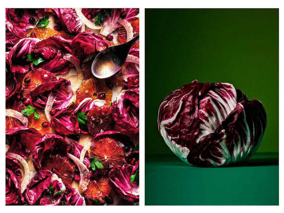 Diptych of radicchio whole and in salad form, with blood orange, pomegranate, and fresh parsley, by Atlanta food photographers Bagwell+Protasio