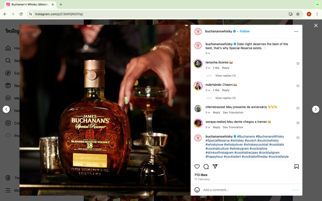 Instagram post featuring an image of a bottle of Buchanan's Whisky, photo by Jody Horton. 