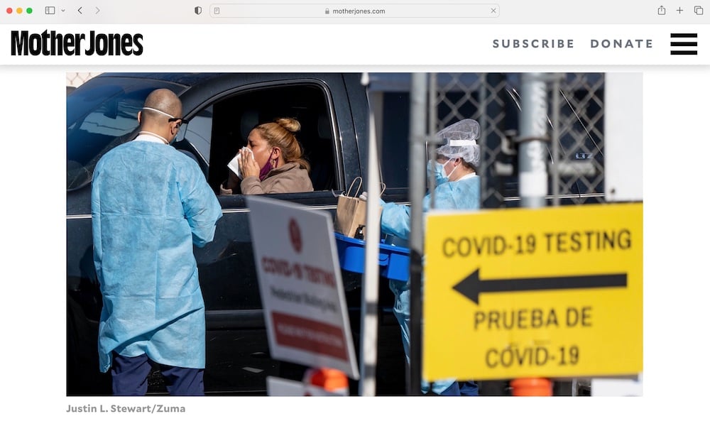 Tear sheet of covid-19 testing outdoor drive-through line, with two masked frontline workers in blue gowns, by Los Angeles-based breaking news photographer Justin L. Stewart.