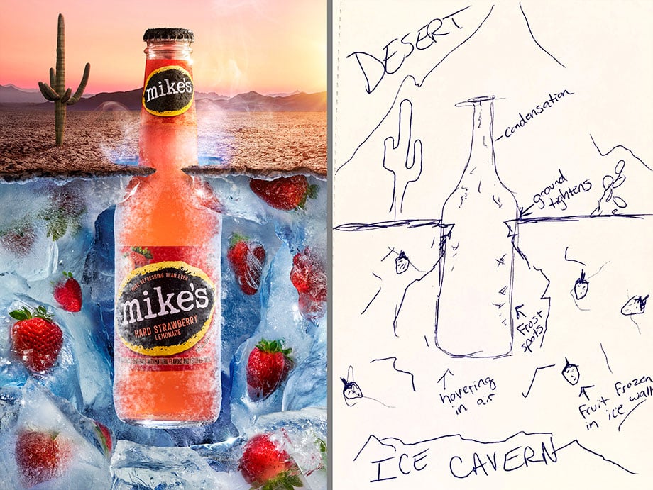 Katelin Kinney's still life image of the beverage superimposed in ice, in the ground of a desert (left) and a draft showing her ideas for the concept (right)