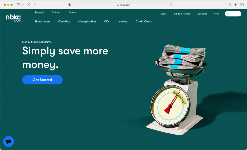 nbkc Bank website screenshot featuring a conceptual photo of money sitting on top of a weighing scale taken by Lauren Pusateri. 