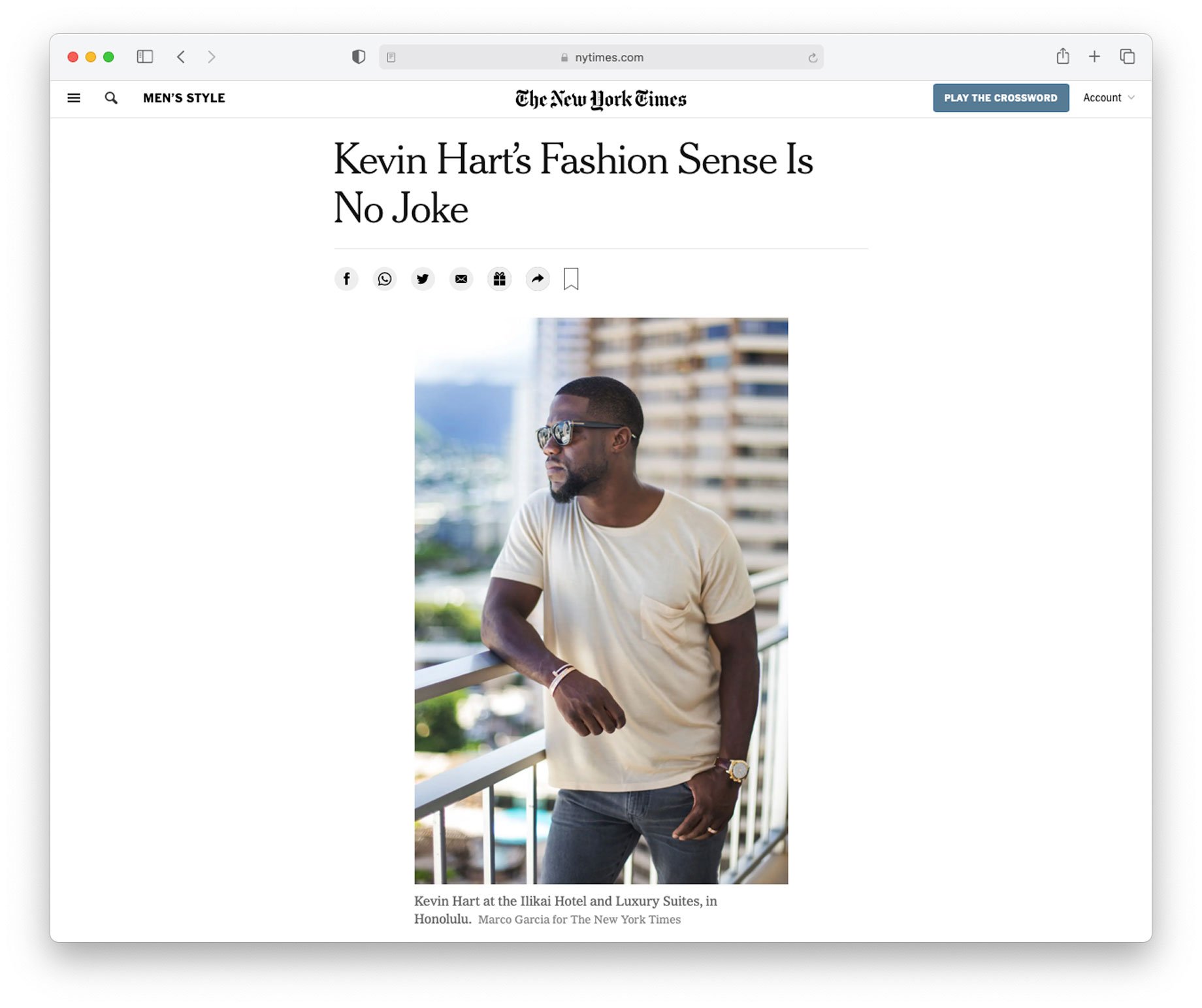 tearsheet of Kevin Hart at the ilikai hotel in hawaii shot by Marco Garcia for the new york times