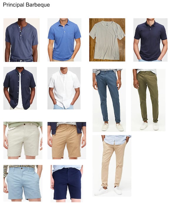 Mood board showinf different options for men's pants, shorts, shirts, and t-shirts.