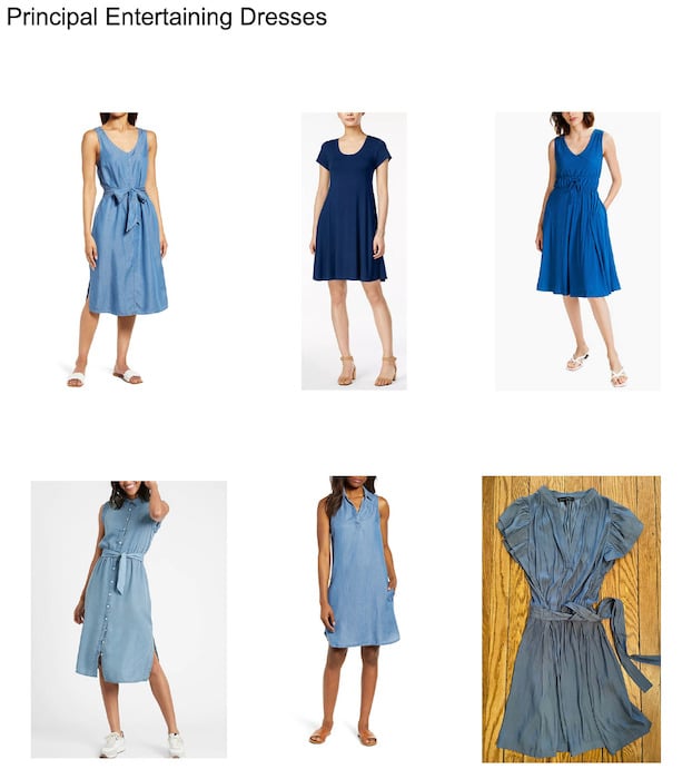 Mood board showing six different dress options in shades of blue.