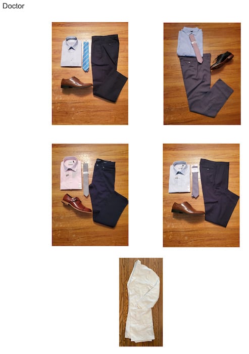 Mood board showing four outfit examples and a white doctor's coat. All wardrobe options include business attire pants, shirt, tie, and shoes.