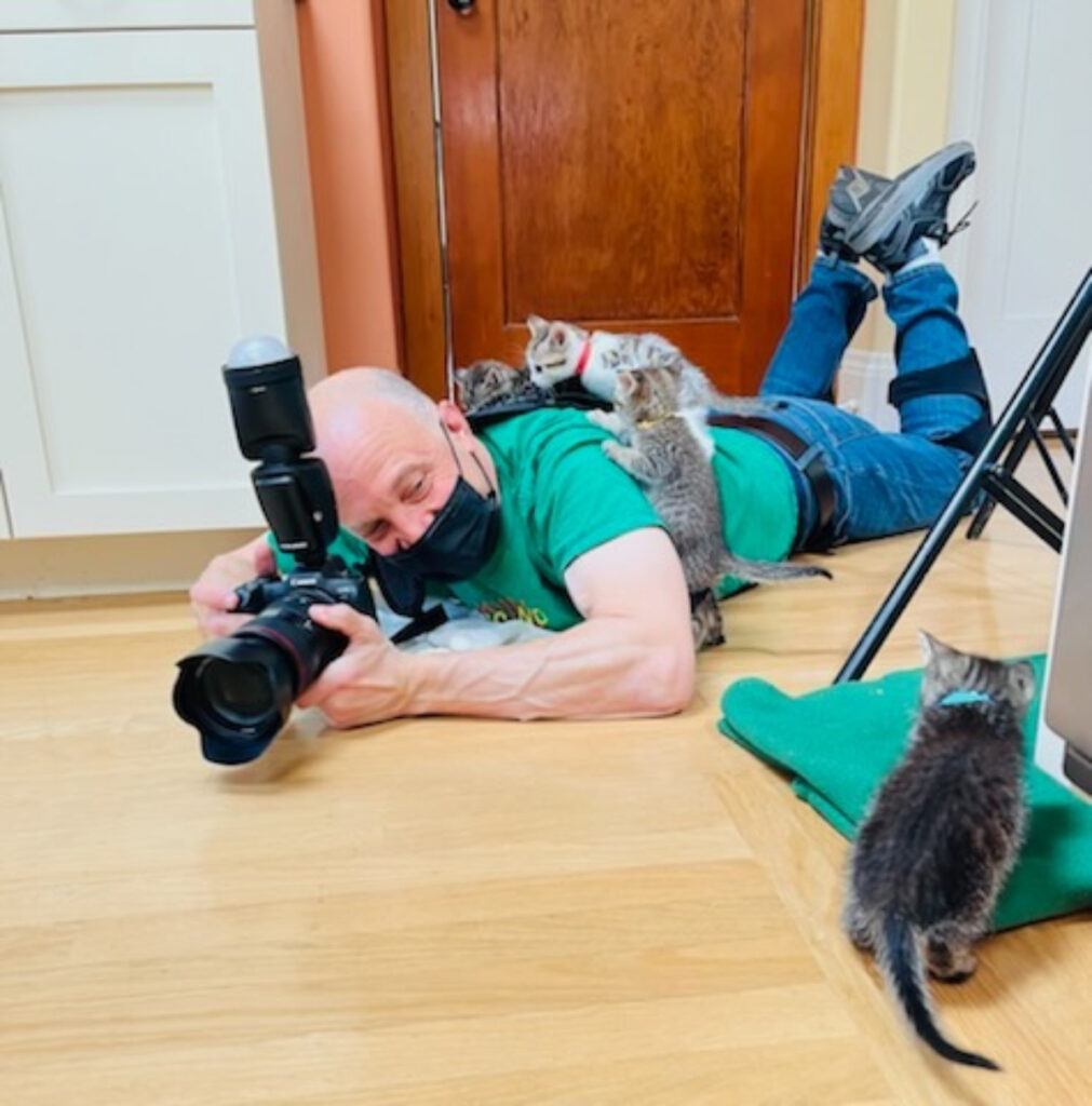 A behind-the-scenes snapshot reveals photographer Mark Rogers balancing camera and composure as three playful kittens climb over his back, adding an adorable twist to the shoot.