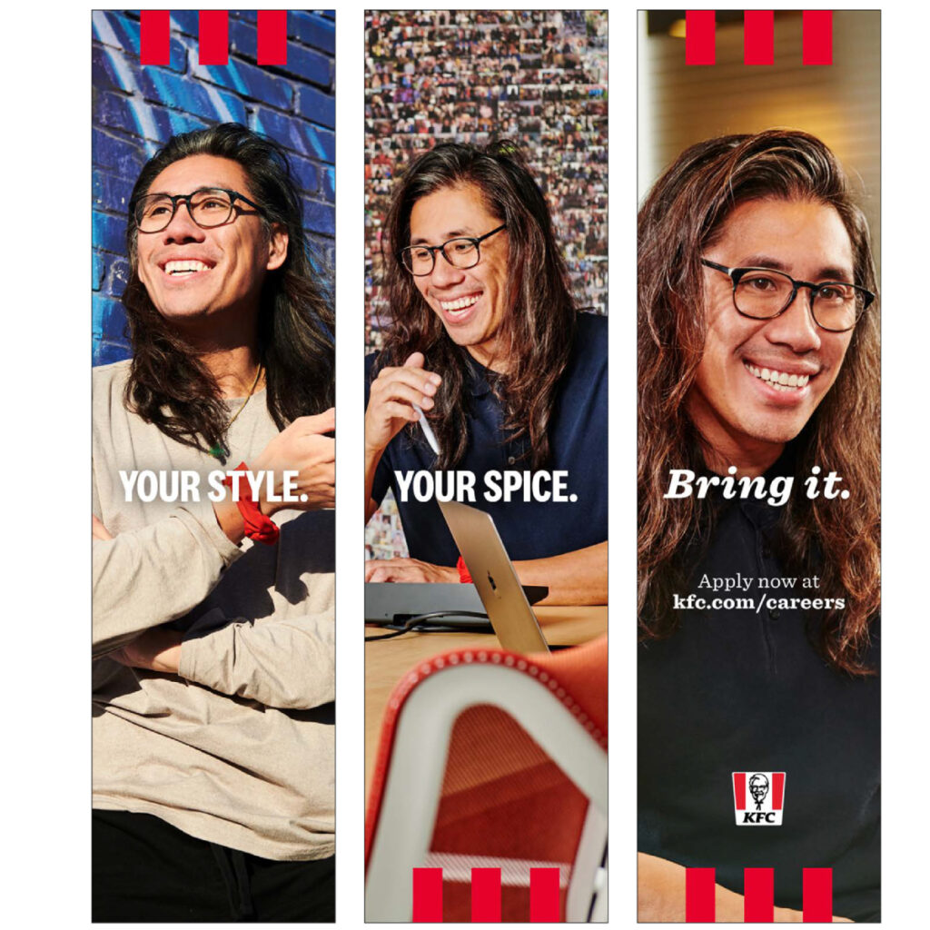 Tearsheet featuring three portraits of a KFC employee shot by Michael Marquand.