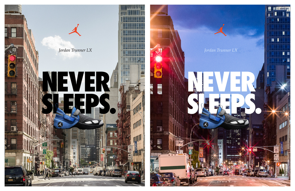 A color photo by Mo Dauod of a NYC street at day an night for an Air Jordan advertisement. 