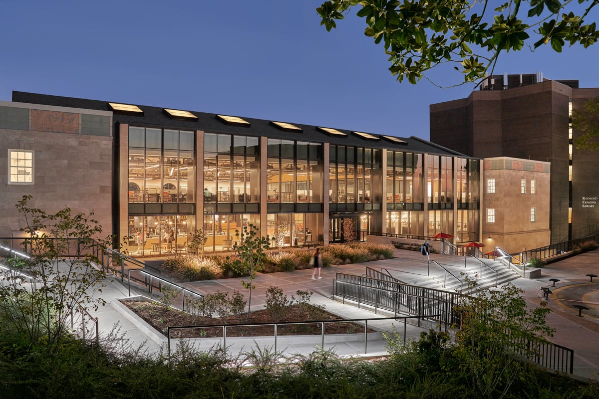 A photo by Nick Mcginn of the exterior of the Western Kentucky University Commons at Helm Library at sun rise.