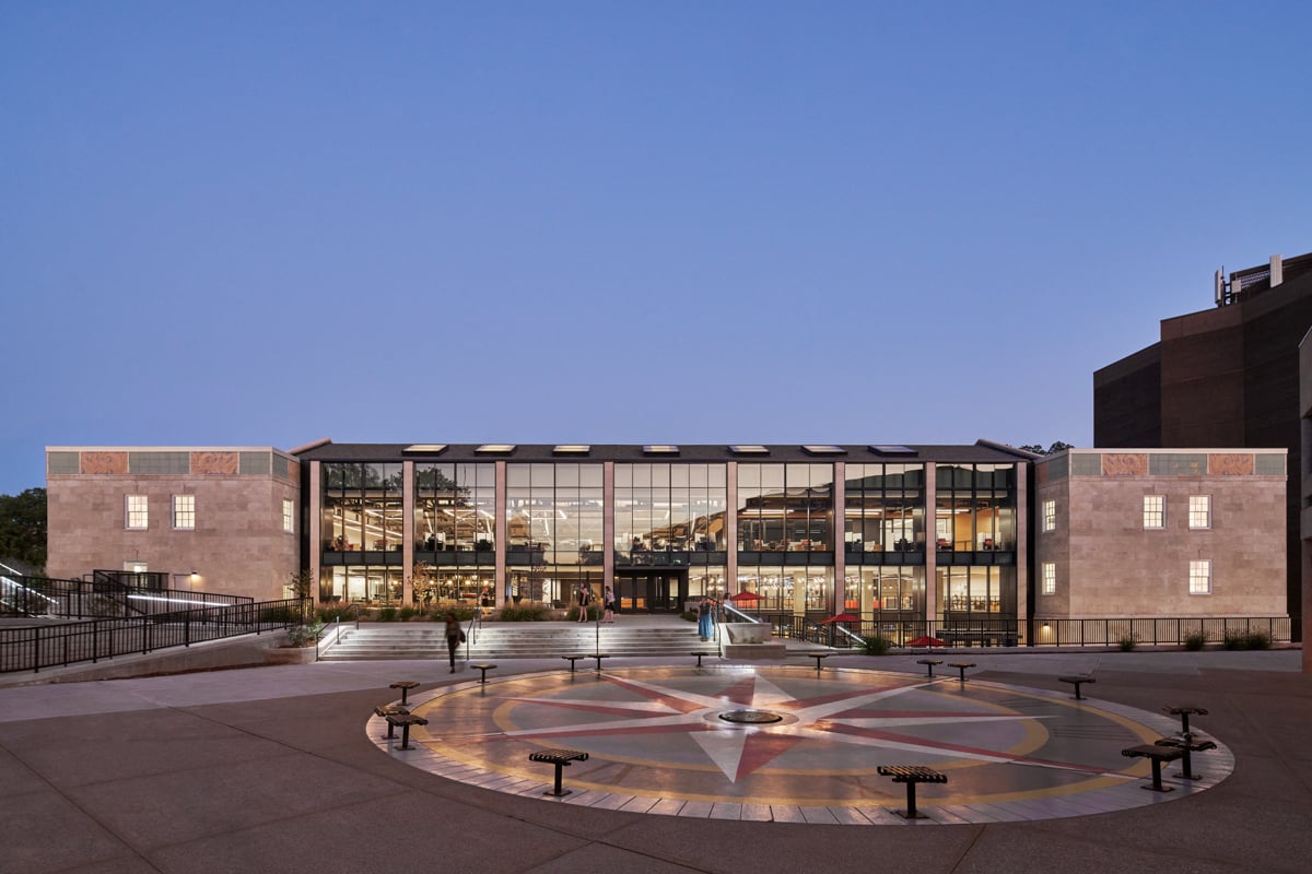 A two-point perspective photo  of the exterior of the Western Kentucky University Commons at Helm Library at sun rise by Nick Mcginn.