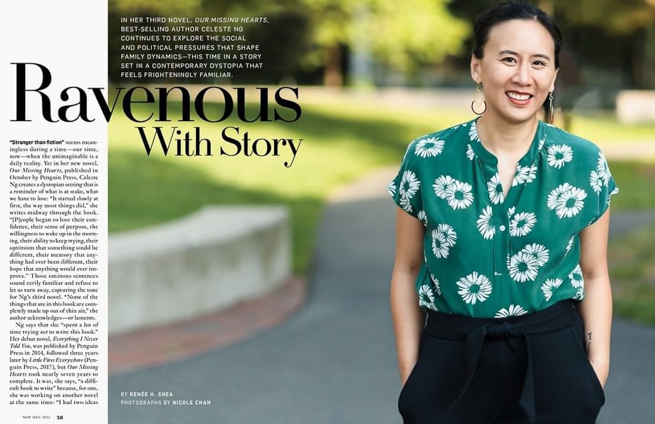 Photo of Celeste Ng in the November/December 2022 issue of Poets & Writers taken by Boston-based portraiture photographer Nicole Loeb. 