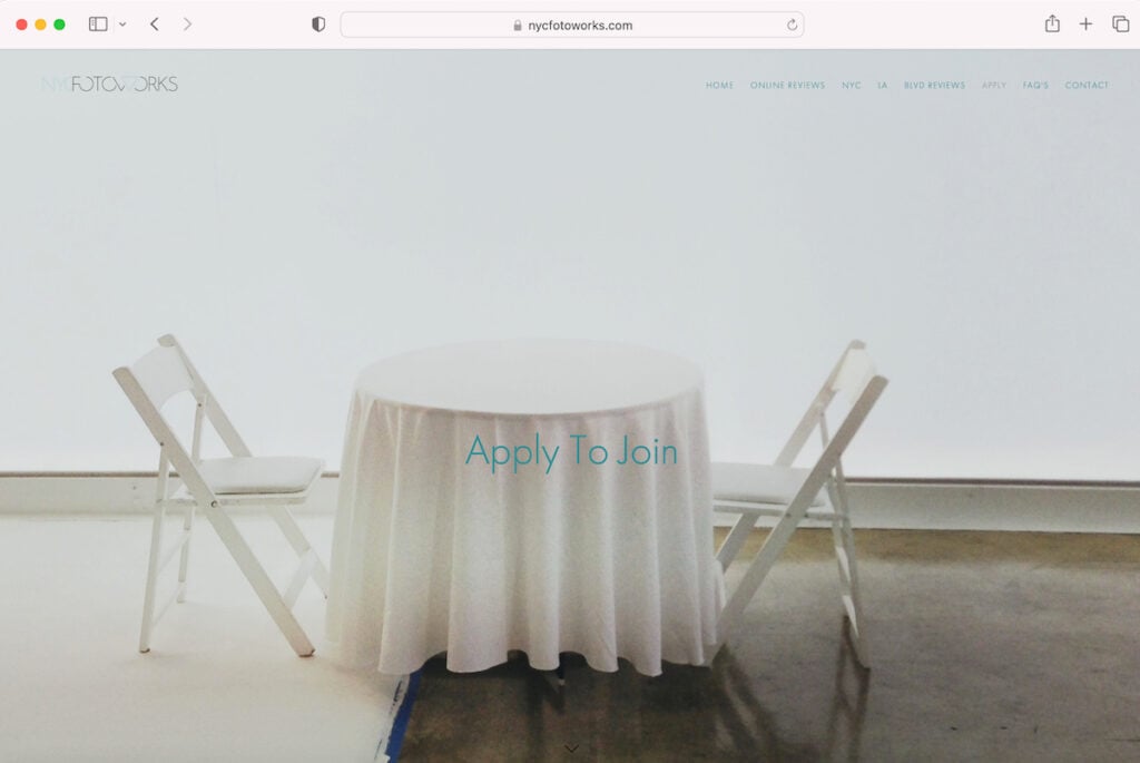 The "Apply" page of NYCFotoWorks' website, showing an image of a table with two chairs
