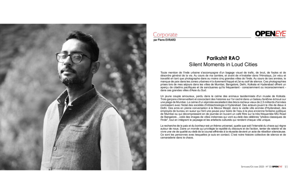 A tearsheet from OpenEye Magazine showcasing Parikshit Rao's captivating project, 'Silent Moments in Loud Cities.'