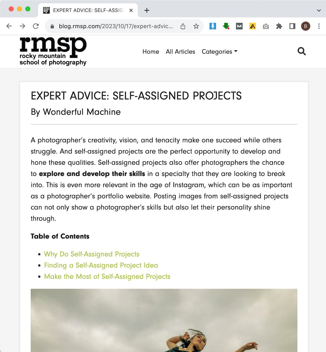A screenshot of Rocky Mountain School of Photography's website showing an expert advice article 