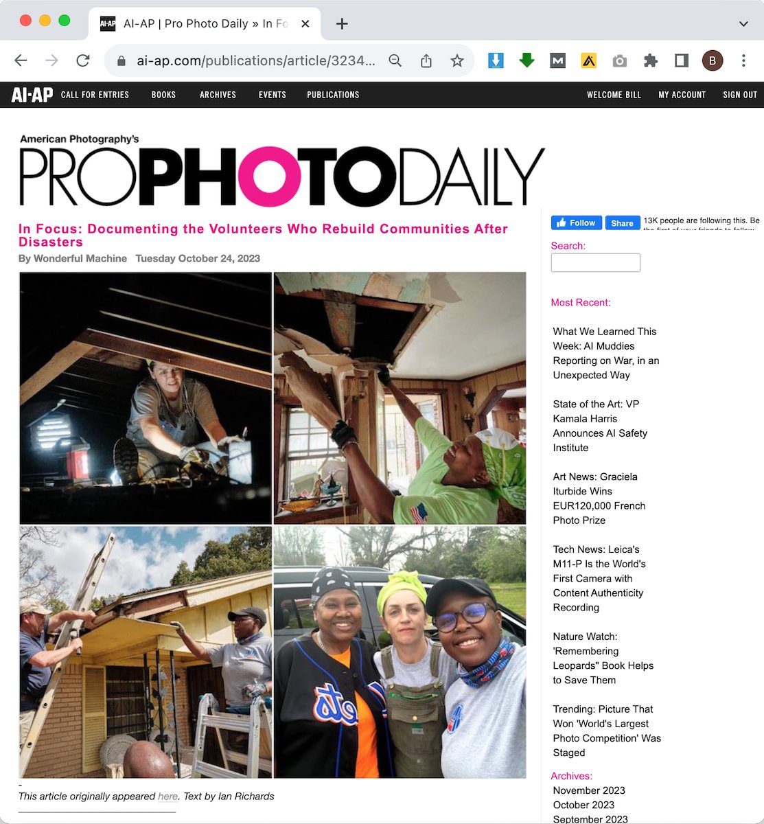 Pro Photo Daily's website showing Wonderful Machine's Spotlight article on Dan Anderson
