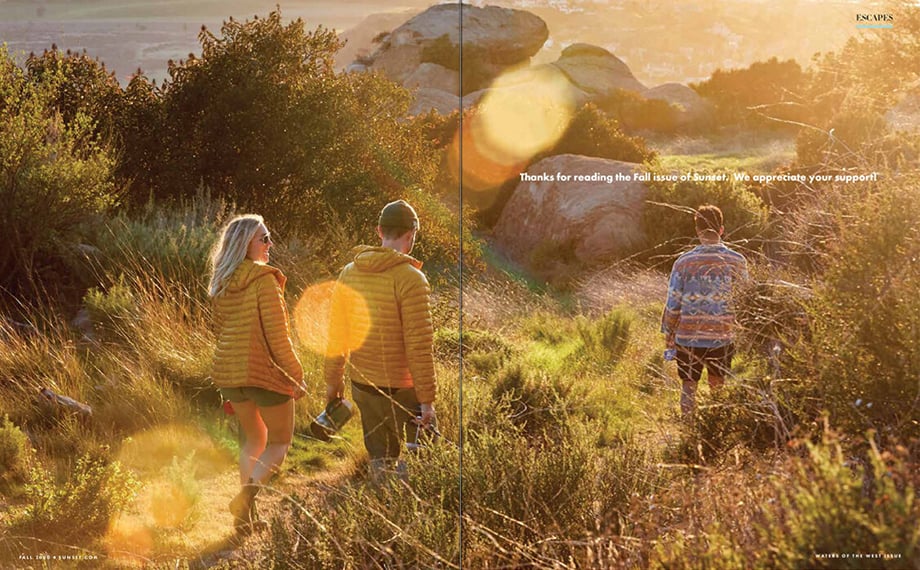 Hikers making their way to the water in Ren Fuller's lifestyle image for Sunset magazine's fall 2020 issue