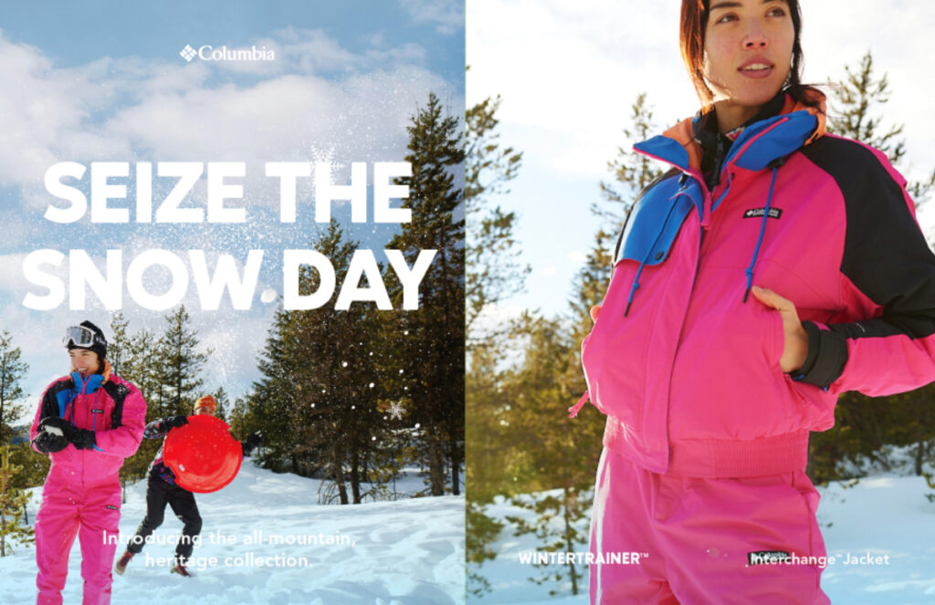 A tearsheet of outdoor images capturing the joyous moments of individuals dressed in Columbia Sportswear's Heritage Collection, frolicking and enjoying themselves amidst a picturesque snowy landscape, photo by Richard Darbonne.
