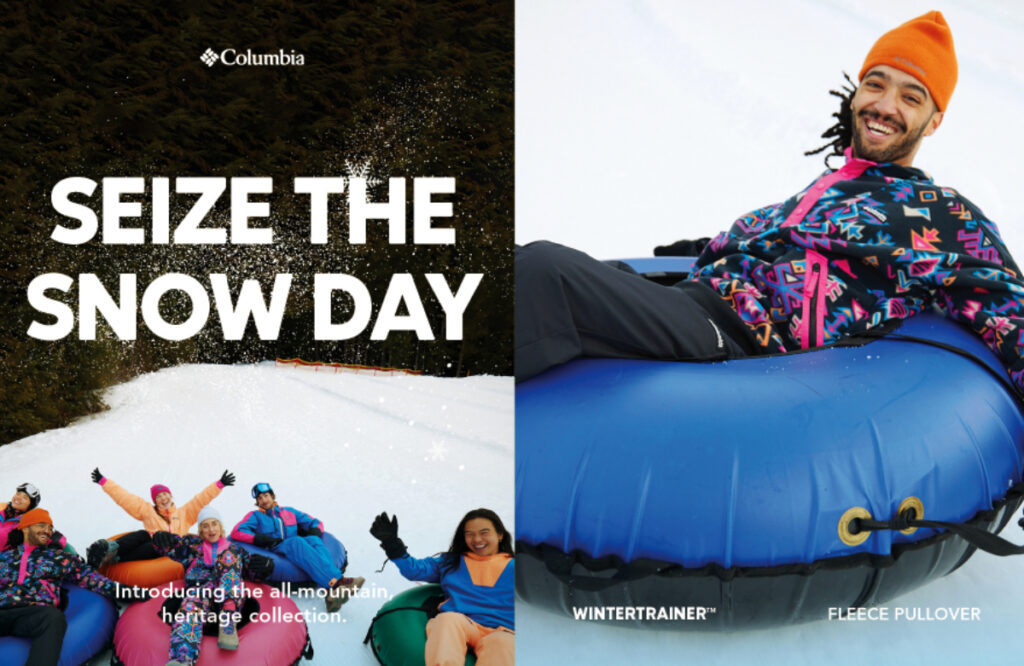 A tearsheet of outdoor images capturing the joyous moments of individuals dressed in Columbia Sportswear's Heritage Collection, frolicking and enjoying themselves amidst a picturesque snowy landscape, photo by Richard Darbonne.
