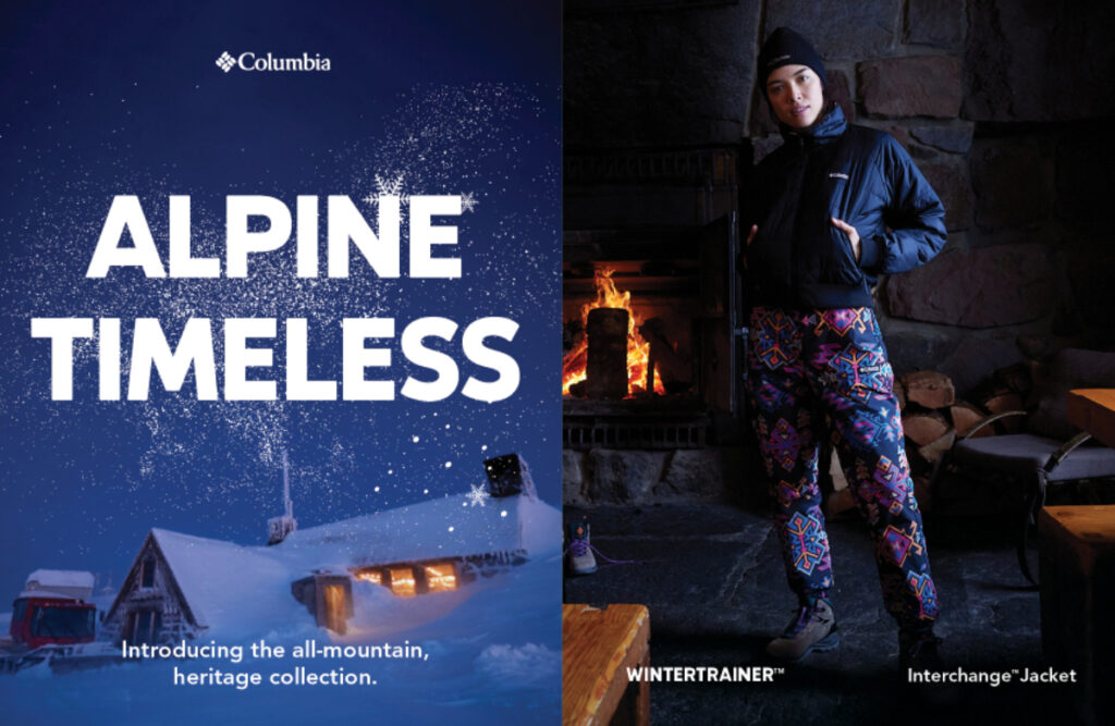 The tearsheet captures the enchanting ambiance of the nighttime scene at the Silcox Hut, bathed in soft illumination. The other image shows the inside of a hut, where a woman elegantly poses in front of the crackling fireplace, showcasing the timeless charm of Columbia Sportswear's heritage collection. 