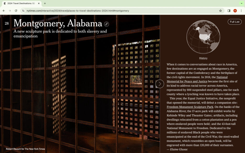 Screenshot showcasing Robert Rausch's captivating image of Montgomery's Sculpture Park featured on The New York Times website.