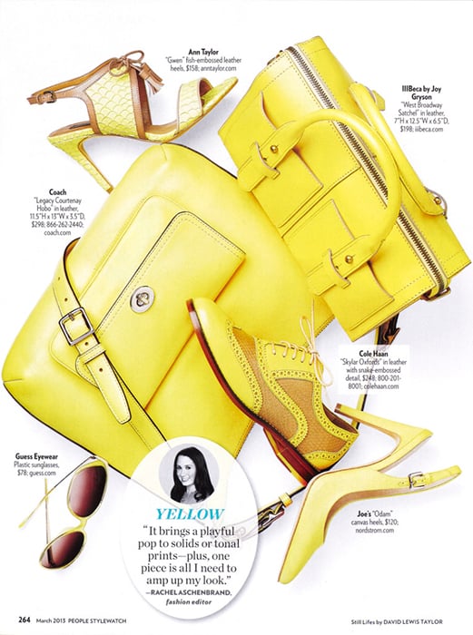 Photo of yellow fashion accessories including shoes and bags in People Style Watch by New York-based still life photographer David Lewis Taylor