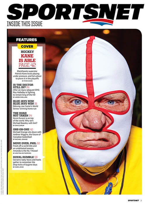 Closeup photo of an old wrestler in a mask in Sportsnet Magazine taken by Phoenix and Toronto-based portraiture photographer Steve Craft.