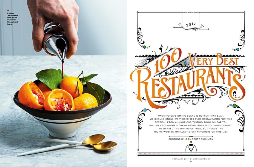 Scott Suchman's tear sheet for Washingtonian Magazine featuring a photo of a citrus-based palate cleanser. A hand pours a dark liquid over top and two spoons are crossed in front of the bowl.