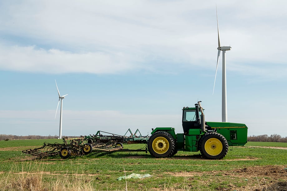 A tractor on a wind farm in Wichita, Kansas, shot by Sean F. Boggs for BP