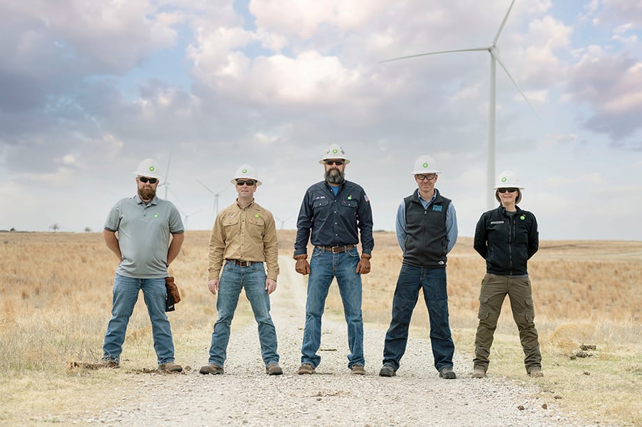 portrait featuring workers from BP's wind farm, including CEO. Photographed by Eagle, Colordo based photographer Sean F. Boggs