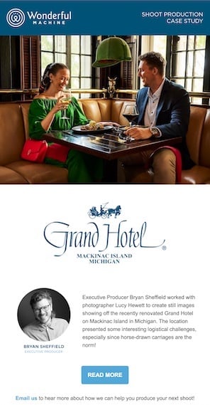 Screen shot of Shoot Production: Grand Hotel's Unique Charm for our Emailers March 2024 report card article.