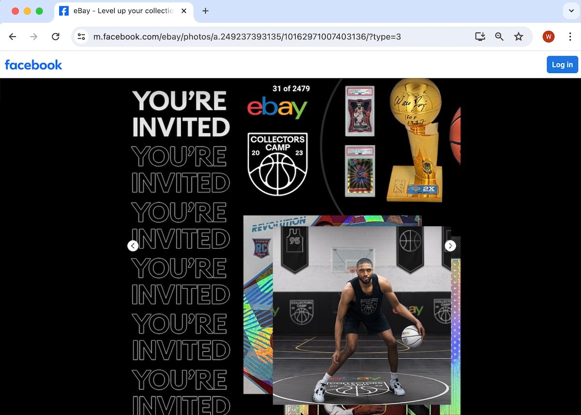 Tear sheet from eBay Facebook invite. An image of Mikal Bridges dribbling a basketball by Mo Dauod and Emily Andrews. 