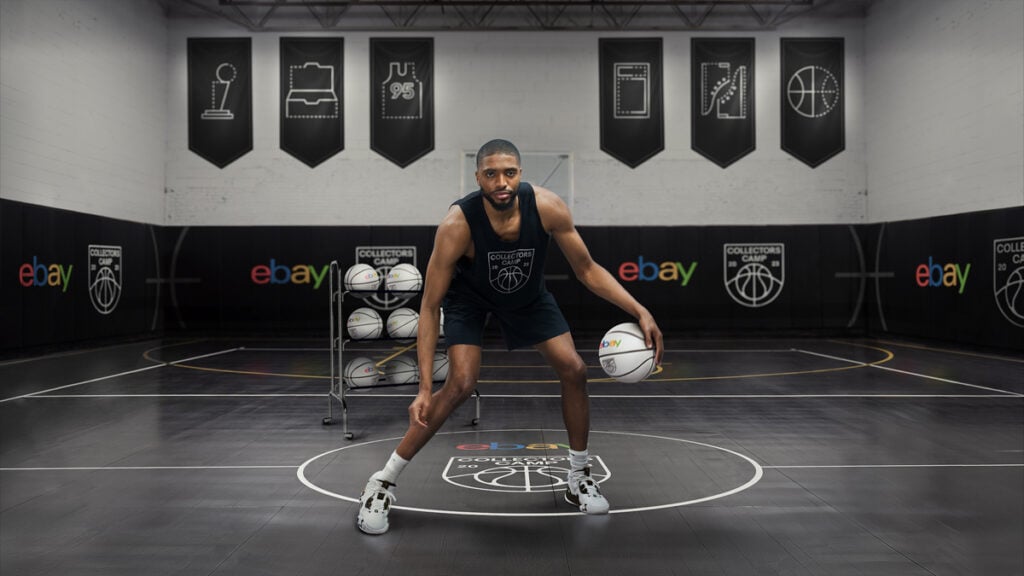 The primary visual asset used by eBay. An image of Mikal Bridges dribbling a basketball by Mo Dauod and Emily Andrews. 