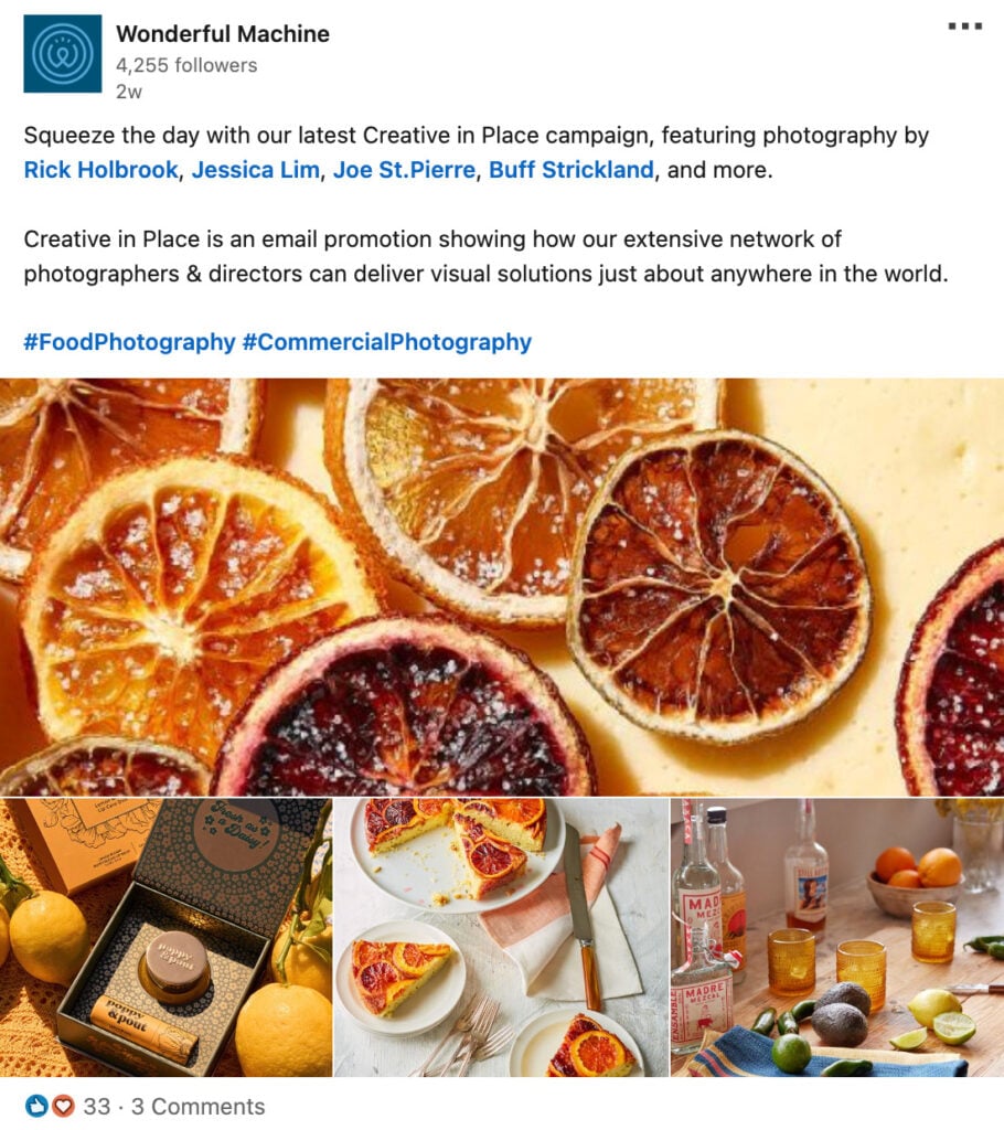 Screenshot of a Wonderful Machine LinkedIn social media post from May 2024, featuring food photography.
